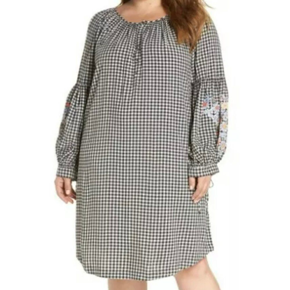 Caslon Floral‎ Embroidered Long Puff Sleeve Gingham Shift Dress NWT Oversized XS